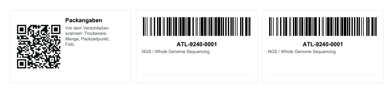Etikettenbogen: ein QR-Code für die Packerfassung, danach zwei Barcode-Etiketten mit der Probenkennung.